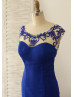 Beaded Royal Blue Chiffon Backless Prom Dress